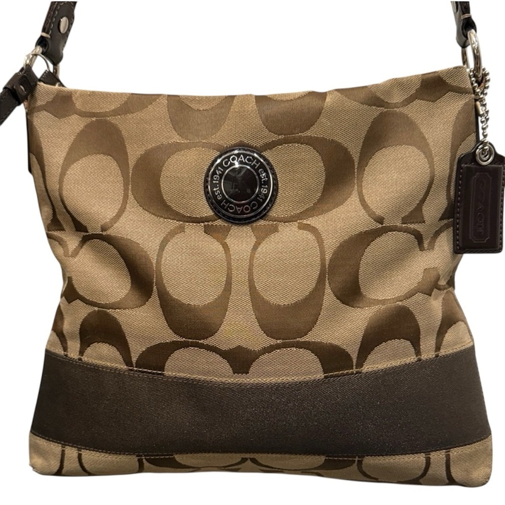 Coach Tan and Brown Signature Shoulder Bag gallery tote purse handbag designer